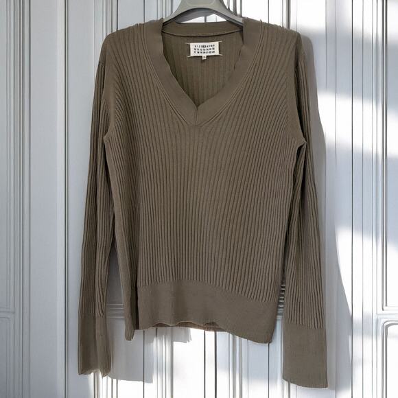 MASION MARGIELA 100% Wool Ribbed Knit Sweater in Khaki Gray Size XL - Picture 1 of 14